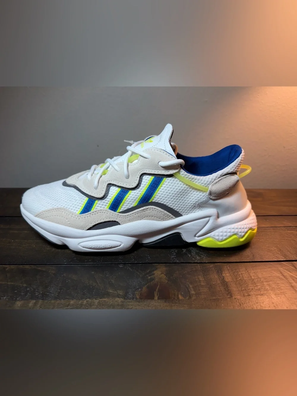 Men’s Adidas White, Blue & Neon Yellow Athletic Sneakers